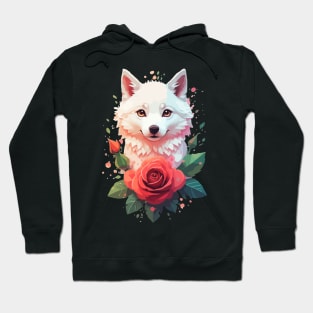 Serenity in Red: Watercolor White Wolf Among Roses Hoodie